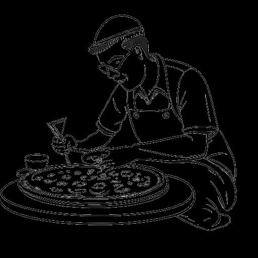 Strichzeichnung eines Mannes, der Pietro Lombardi darstellt, der eine Pizza bäckt und einen Stein in einem Schmuckstück setzt, was seine verschiedenen Jobs vor seinem musikalischen Erfolg symbolisiert