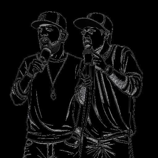 Strichzeichnung eines Mannes und eines Rappers, die Pietro Lombardi und Kay One darstellen, die Mikrofone halten und ihre Zusammenarbeit am Hit 'Señorita' symbolisieren