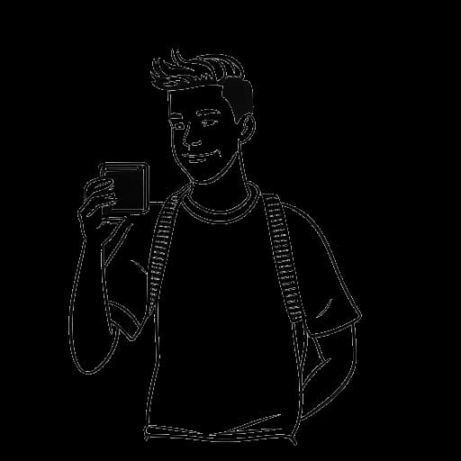 Strichzeichnung eines Mannes, der Pietro Lombardi darstellt, der ein Smartphone und eine Kamera hält und seine starke Präsenz in den sozialen Medien auf Instagram und YouTube symbolisiert