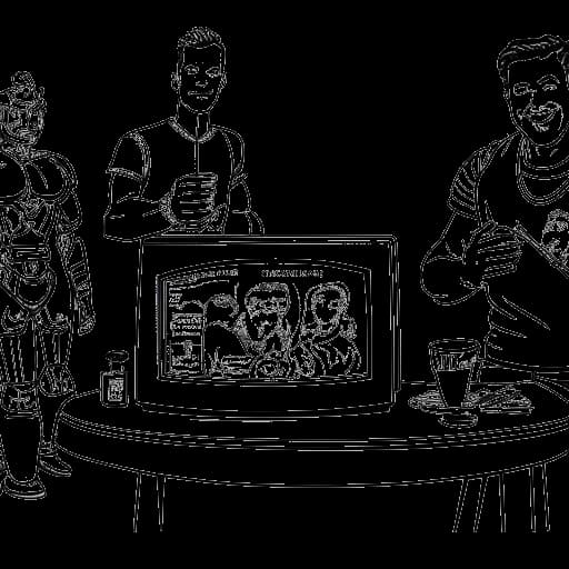 Strichzeichnung eines Mannes, der Pietro Lombardi darstellt, in verschiedenen Fernsehsendungen, einschließlich 'Grill den Henssler', 'Global Gladiators' und 'Clash! Boom! Bang!', was seine vielfältigen Fernsehauftritte symbolisiert