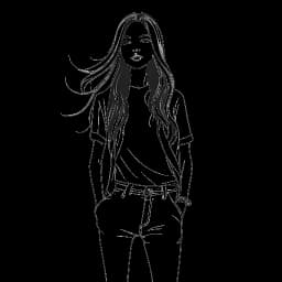 Lijntekening van een meisje, dat Kaia Gerber vertegenwoordigt, met lang haar in een stijlvolle pose, waarbij ze high fashion kleding laat zien.