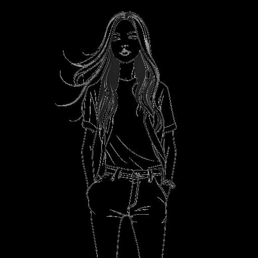 Lijntekening van een meisje, dat Kaia Gerber vertegenwoordigt, met lang haar in een stijlvolle pose, waarbij ze high fashion kleding laat zien.
