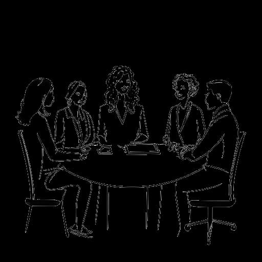 Lijntekening van een vrouw in een zakelijke setting, als Kaia Gerber, betrokken bij een productieve vergadering met samenwerkingspartners.