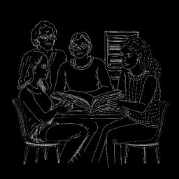 Lijntekening van een vrouw, als Kaia Gerber, verdiept in boeken en diepe conversaties met oudere gezelschap.