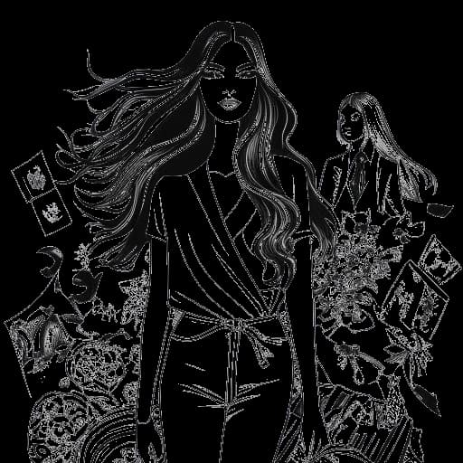 Disegno in arte lineare di una donna che rappresenta Kaia Gerber, che cammina con sicurezza lungo una passerella di moda, vestita con abiti di alta moda. Attorno a lei ci sono elementi visivi che rappresentano la sua carriera di attrice, investimenti in una rivista e una collaborazione con Karl Lagerfeld. Questa illustrazione incarna la sua ricchezza e i suoi successi.