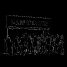 Lijntekening van een man, die John Summit vertegenwoordigt, die zelfverzekerd staat voor een neon 'Experts Only'-bord, met een menigte verzameld bij de ingang van een club.