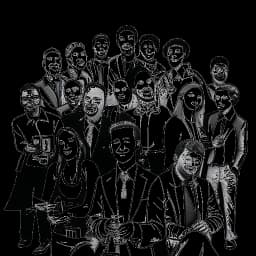 Lijntekening van een man, die John Summit vertegenwoordigt, omringd door industriële leiders en die een Forbes 30 Under 30-trofee vasthoudt op een muziekconferentie-evenement.