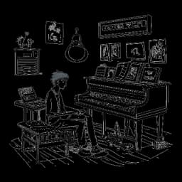 Lijntekening van een man, die John Summit vertegenwoordigt, die piano speelt en tegelijkertijd DJ-apparatuur gebruikt in een met muziek gevulde kamer.