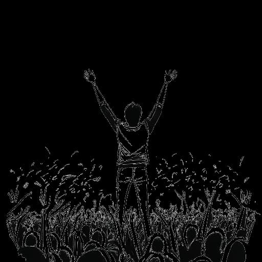 Lijntekening van een man, die John Summit vertegenwoordigt, die een juichende menigte energiek maakt met pulserende lichten en speakers op een podium.