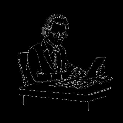 Dibujo lineal de John Summit trabajando como contador, con auriculares alrededor de su cuello