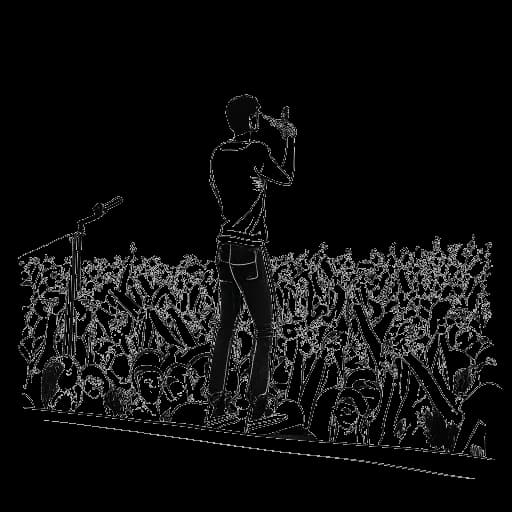Dibujo lineal de John Summit actuando en un reconocido festival de música, como Coachella, Lollapalooza o Tomorrowland