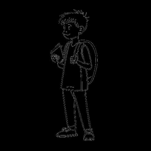 Dibujo lineal de un joven John Summit en un festival de música, sosteniendo un boleto y llevando una mochila