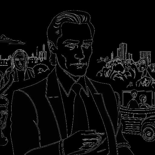 Eine Linienzeichnung eines Mannes, der Brandon Lee darstellt, der an vielfältigen Geschäftsaktivitäten wie Film-Investitionen, Immobilienunternehmungen und unternehmerischen Unternehmungen beteiligt ist. Der Hintergrund unterstreicht den Unterhaltungssektor und finanzielle Vermögenswerte, alles in monochromen Tönen auf einem weißen Hintergrund.
