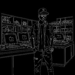 Strichzeichnung eines selbstbewussten Geschäftsmanns, der Amar Al-Naimi darstellt, in einem Streetwear-Laden, mit einer Gaming-Turnierszene im Hintergrund, alles vor einem weißen Hintergrund.