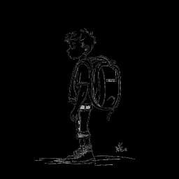 Strichzeichnung eines Jungen, der Amar Al-Naimi darstellt, mit entschlossenem Ausdruck, der einen Rucksack vor einem Gebäude trägt, das als 'Flüchtlingsunterkunft' gekennzeichnet ist, vor einem weißen Hintergrund.