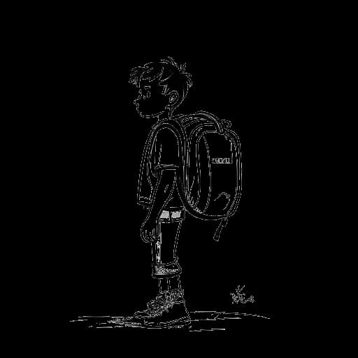 Strichzeichnung eines Jungen, der Amar Al-Naimi darstellt, mit entschlossenem Ausdruck, der einen Rucksack vor einem Gebäude trägt, das als 'Flüchtlingsunterkunft' gekennzeichnet ist, vor einem weißen Hintergrund.