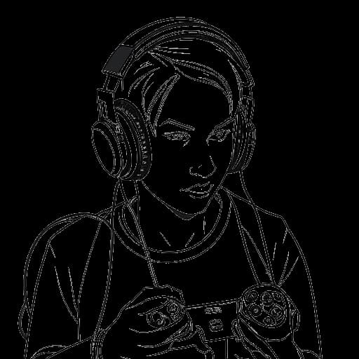 Strichzeichnung einer Person, die Amar Al-Naimi darstellt, konzentriert mit Gaming-Kopfhörern und einem Controller in der Hand, mit Siegeslorbeeren im Hintergrund auf einem weißen Hintergrund.