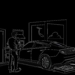 Strichzeichnung eines Mannes, der Amar Al-Naimi darstellt, beim Kochen in einer Küche, mit Boxhandschuhen in der Nähe und einem Luxusauto, das durch das Fenster sichtbar ist, vor einem weißen Hintergrund.