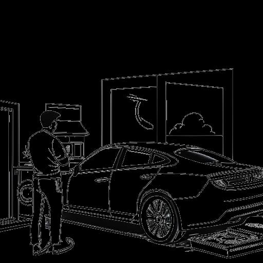 Strichzeichnung eines Mannes, der Amar Al-Naimi darstellt, beim Kochen in einer Küche, mit Boxhandschuhen in der Nähe und einem Luxusauto, das durch das Fenster sichtbar ist, vor einem weißen Hintergrund.