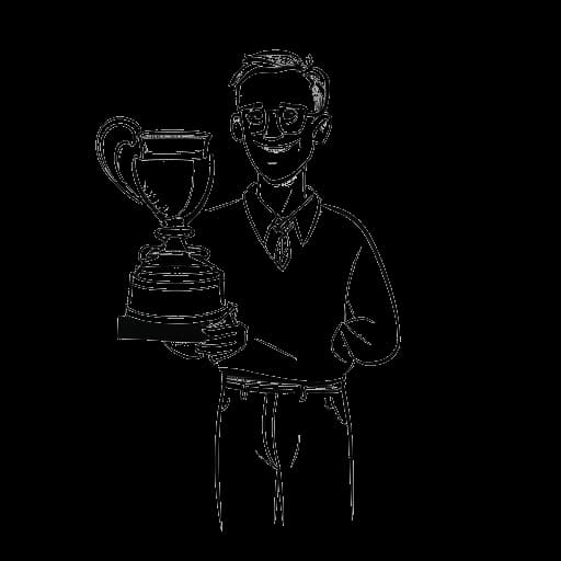Strichzeichnung eines Mannes, der Amar darstellt, hält einen 'Call of Duty' Meisterschaftspokal und einen Scheck über 1.200 €