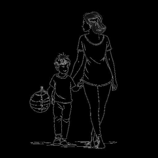 Strichzeichnung einer Mutter und ihres Sohnes, die Amar und seiner Mutter darstellen, die mit finanziellen Schwierigkeiten konfrontiert sind und von Land zu Land ziehen