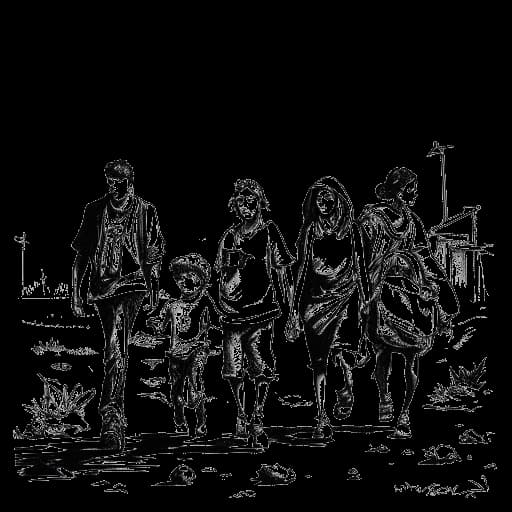 Strichzeichnung einer Familie, die den Irak flieht, die Amars Eltern darstellt