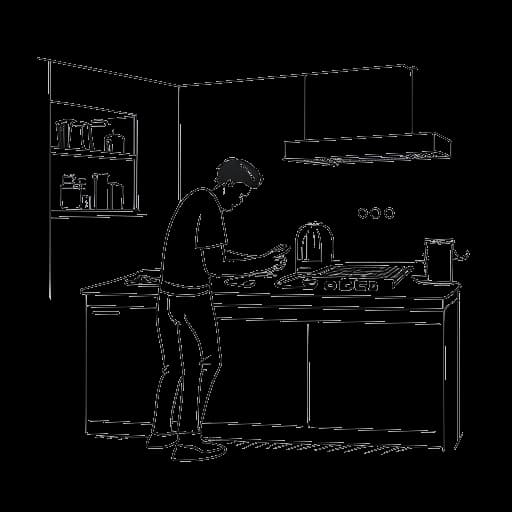 Strichzeichnung eines Mannes, der Amar darstellt, streamt aus seiner Küche und zeigt damit sein Interesse am Kochen