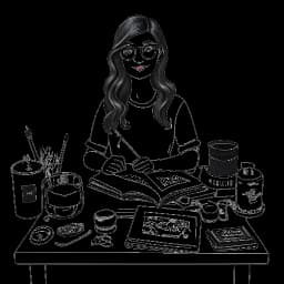 Line art drawing of a woman, representing Sssniperwolf, holding a doll and a coffee mug next to a desk showcasing eyewear and Wolfpack merchandise items, indicating her diverse interests, against a white backdrop.