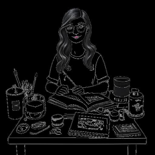 Line art drawing of a woman, representing Sssniperwolf, holding a doll and a coffee mug next to a desk showcasing eyewear and Wolfpack merchandise items, indicating her diverse interests, against a white backdrop.