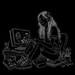 Line art drawing of a woman, representing Sssniperwolf, at her gaming setup actively playing a game. YouTube icons are floating in the background, all against a white backdrop.
