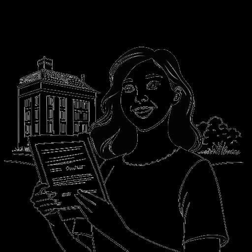 Disegno in stile line art di una donna che tiene un diploma di scuola superiore, con un campus universitario sullo sfondo, rappresentante il percorso accademico di Sssniperwolf.
