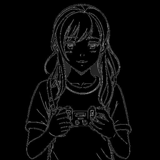 Disegno in stile line art di una ragazza che tiene un controller per videogiochi e un libro manga, rappresentante Sssniperwolf durante gli anni scolastici.