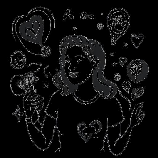 Disegno in stile line art di una donna che tiene un microfono, con un logo a forma di cuore per le donazioni e vari simboli delle beneficenze sullo sfondo, rappresentante le dirette benefiche di Sssniperwolf.