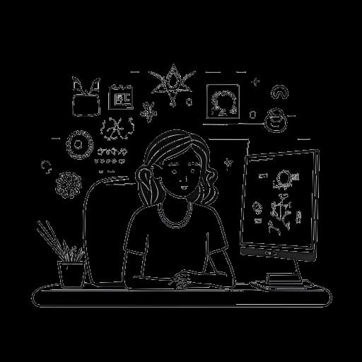 Disegno in stile line art di una donna seduta davanti a un computer, con vari simboli che rappresentano video di reazioni, progetti fai-da-te e contenuti di lifestyle sullo sfondo, rappresentante l'espansione dei contenuti di Sssniperwolf.
