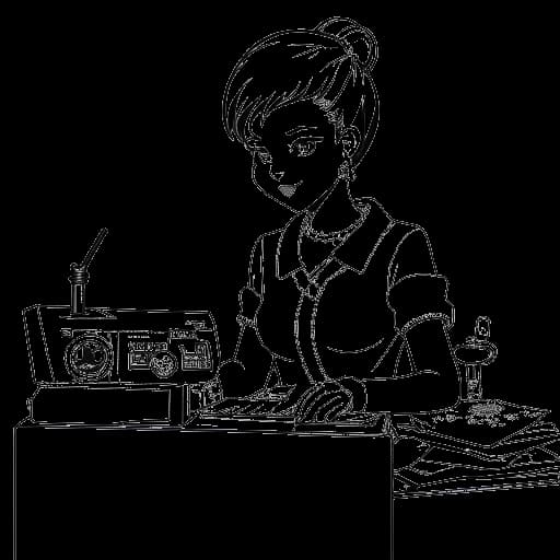 Disegno in stile line art di una donna vestita come Bulma di Dragon Ball Z, con una macchina da cucire e tessuto sullo sfondo, rappresentante il processo di creazione di cosplay di Sssniperwolf.