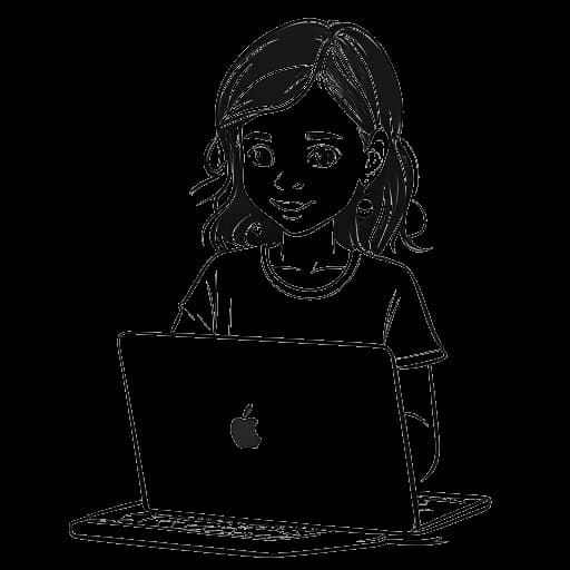 Disegno in stile line art di una ragazza che tiene un action figure, con un logo di eBay su un laptop sullo sfondo, rappresentante i primi passi di Sssniperwolf nel business su eBay.