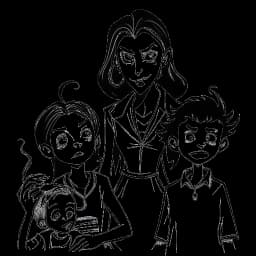 Lijnkunsttekening van KallMeKris die haar vampier-geobsedeerde 12-jarige zelf, haar Bostonse bro genaamd Chad, haar vermoeide moeder personage en haar peuter met kleine handen karakter uitbeeldt, allemaal samen in één frame.