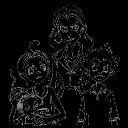 Lijnkunsttekening van KallMeKris die haar vampier-geobsedeerde 12-jarige zelf, haar Bostonse bro genaamd Chad, haar vermoeide moeder personage en haar peuter met kleine handen karakter uitbeeldt, allemaal samen in één frame.