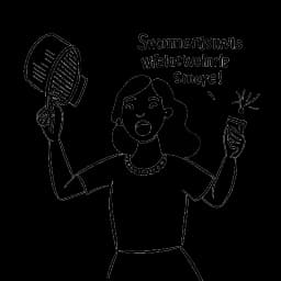 Lijnkunsttekening van KallMeKris die een megafoon vasthoudt en omringd is door tekstballonnen met de woorden 'bewustzijn', 'steun' en 'geestelijke gezondheid'.