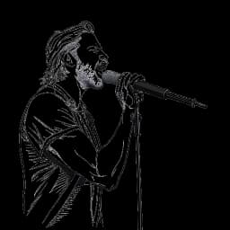 Lijnkunsttekening van KallMeKris in een scène uit Nickelback's muziekvideo voor 'San Quentin', een microfoon vasthoudend terwijl ze 'Rockstar' met de band op het podium zingt.