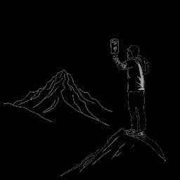 Lijnkunsttekening van KallMeKris die een blikje Red Bull vasthoudt terwijl ze boven op een berg in Brits-Columbia staat. Het nummer '10M' staat in de lucht geschreven.