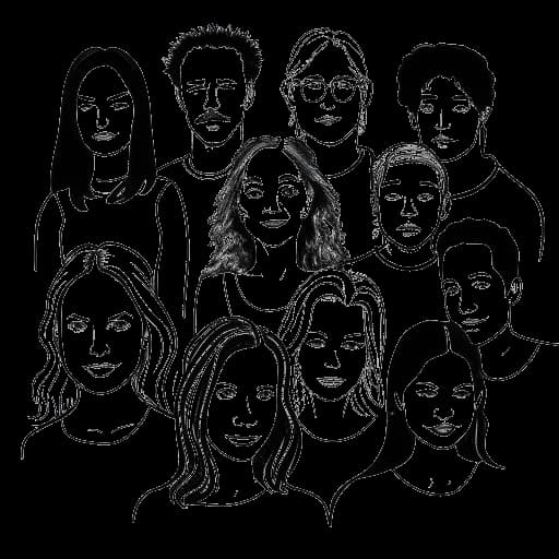 Dessin au trait d'une femme entourée par cinq autres personnes, représentant KallMeKris et ses frères et sœurs Alissa, Jessica, Markus, Emma et Jacob