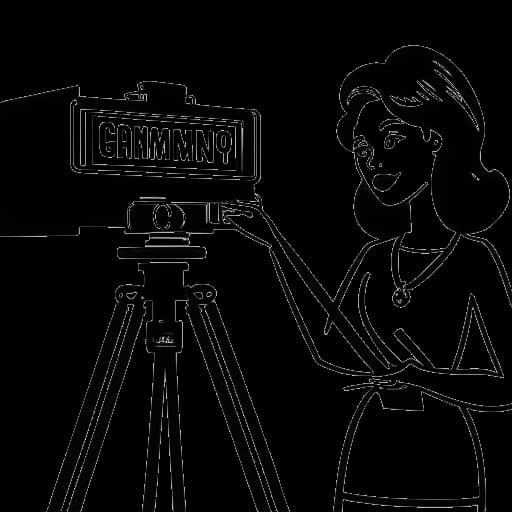 Dessin au trait d'une femme devant une caméra, représentant KallMeKris, avec le titre 'Ginormo!' affiché sur un claquoir