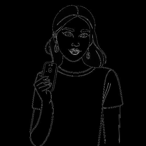 Dessin au trait d'une jeune femme tenant un téléphone, représentant KallMeKris, avec le logo TikTok affiché sur l'écran