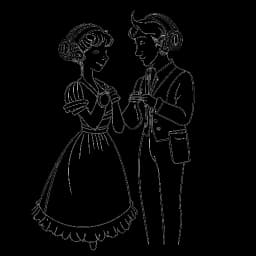 Strichzeichnung von QTCinderella, die Musik hört und Händchen mit Ludwig hält.