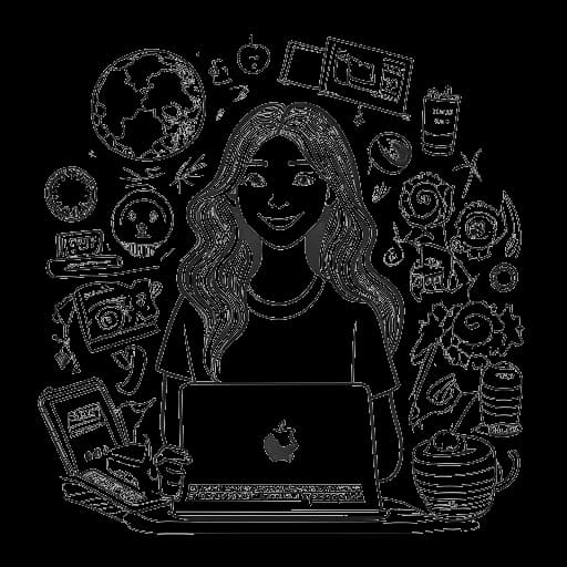Lijntekening van een vrouw, die QTCinderella voorstelt, met lang haar en casual kleding. Ze houdt een laptop vast, wat symbool staat voor haar carrière als contentmaker. Op de achtergrond staan pictogrammen die te maken hebben met gamen, bakken, podcasting, het organiseren van evenementen en liefdadigheidswerk, waarmee ze haar diverse ondernemersactiviteiten laat zien, allemaal tegen een witte achtergrond.