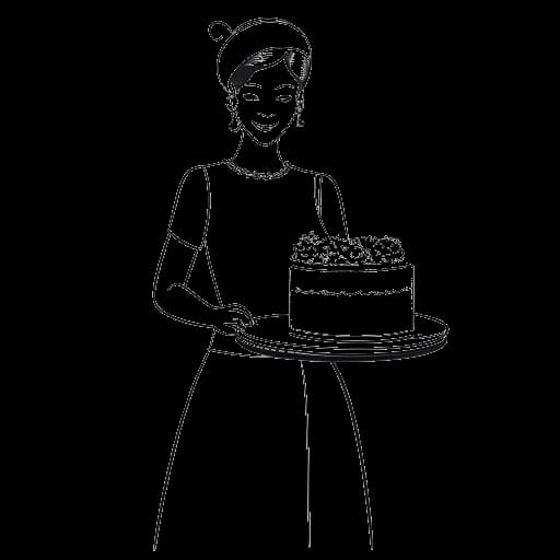 Lijntekening van een vrouw, voorstellende QTCinderella, die een bruidstaart en een ontwerpplan vasthoudt.
