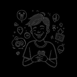 Lijntekening van een jongen die Caleb Coffee vertegenwoordigt die vol vreugde naar zijn telefoon kijkt, omringd door pictogrammen voor Vine, TikTok, Instagram, Twitch en YouTube, wat zijn aanwezigheid op sociale media symboliseert.