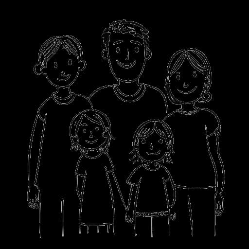 Desenho em arte linear de uma família com três crianças, sendo o do meio representando Caleb Coffee.