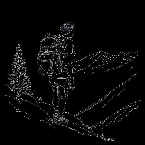 Desenho em arte linear de um jovem, representando Caleb Coffee, fazendo trilha em uma montanha com uma mochila.